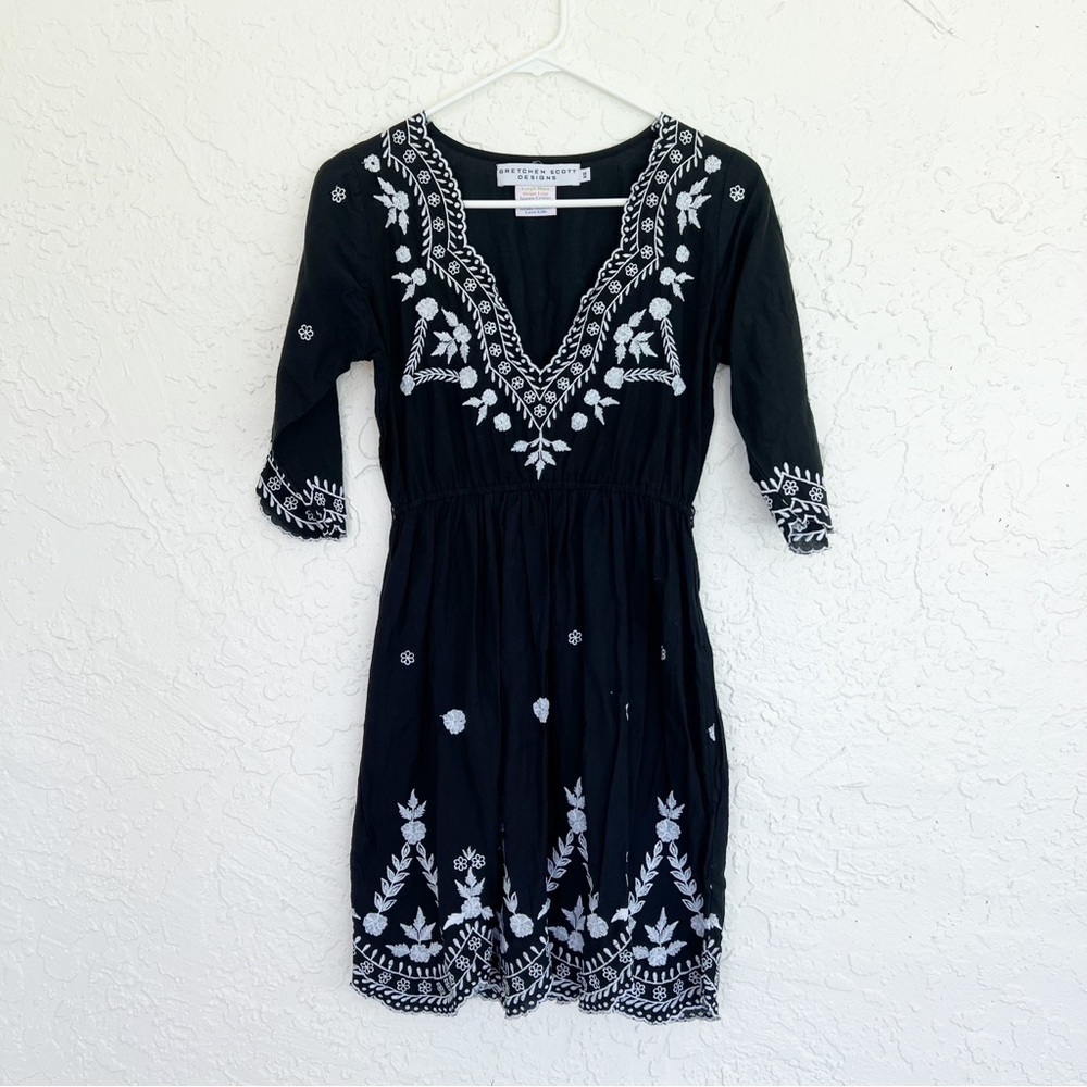 Gretchen Scott Designs Dress Black V Neck Embroidered Cotton Womens XS